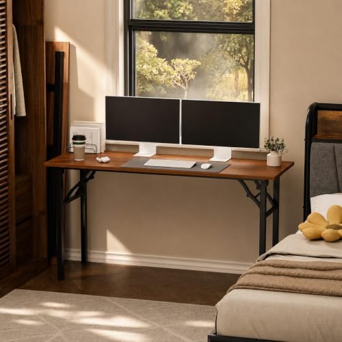 Folding Table Computer Desk - 55.1" No Assembly Folding Desk Design and Foldable Office Desk, Small Desk for Bedroom, Compact Storage Portable Use for Dorm and RV Small Space, Dark Walnut - Image 2