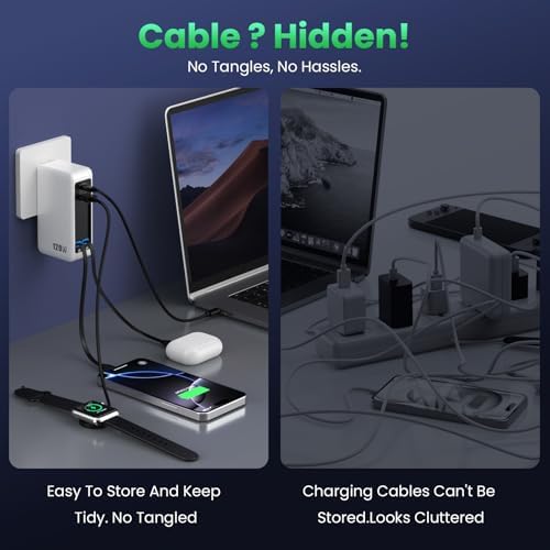 120W USB C Charger Block with 2 Built-in Retractable Cables,4-in-1 GaN IV Foldable Plug Wall Charger Fast Charging Station,PD 65W Laptop Adapter for MacBook/iPad,iPhone 17/16/15/14,Galaxy,Android etc - Image 5