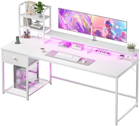 EnHomee 55" Reversible White Computer Desk with Hutch, USB & LED by EnHomee