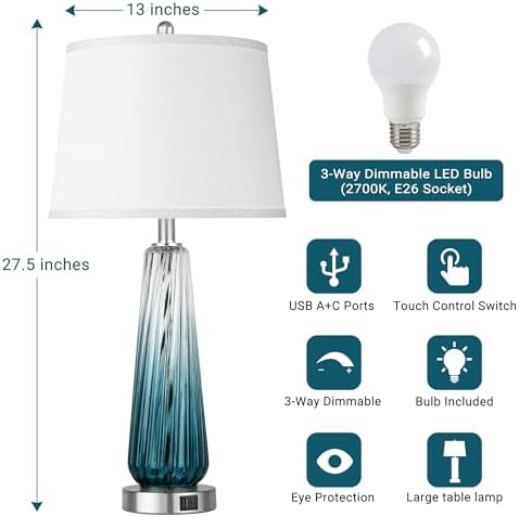 Glass Table Lamps for Living Room, Modern Bedside Lamps with USB A+C Ports, 3-Way Dimmable Touch Control Nightstand Lamp with White Linen Shade, 27.5" Large Lamps for Bedrooms Decor, Teal, 1 Pack - Image 4