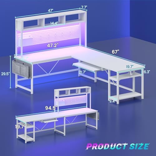 SEDETA White L Shaped Gaming Desk with Hutch, Power Outlet and Pegboard - Image 2