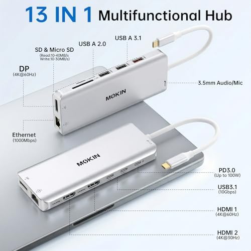 USB C Laptop Docking Station Dual Monitor Dual HDMI 4K DP Triple Display Hub, 13 in 1 MOKiN USB C Hub with 3 Monitors, DisplayPort, USB 3.1, RJ45, 100W PD, Card Reader, Audio/Mic, for Dell HP, Sliver - Image 2
