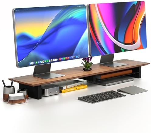 COREMINDED Solid Wood Dual Monitor Stand Riser, 42 Inch Walnut Desk Shelf by COREMINDED
