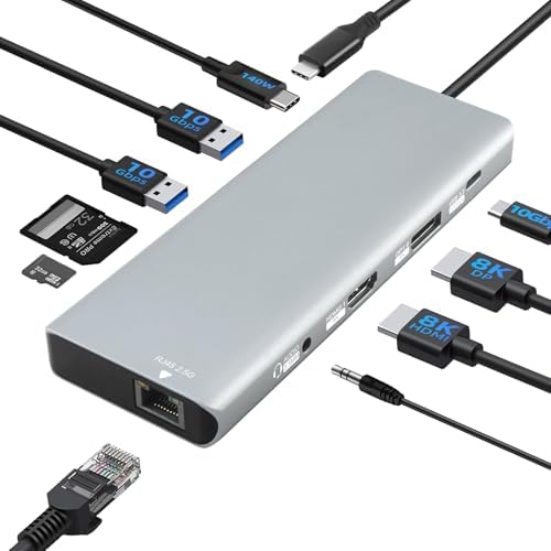 10-in-1 USB C Docking Station, 140W PD3.1, 8K HDMI 2.1, DP1.4, 2.5G Ethernet, USB 3.2 10Gbps, SD/TF, Audio Jack, Dual 4K@60Hz Display Hub for MacBook, Windows, Steam Deck, Switch (UC-U4) by Bytecc