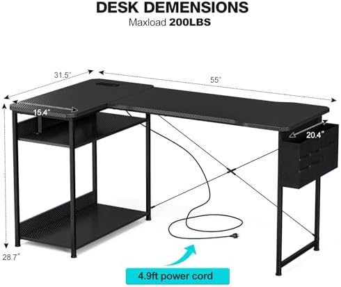 Acrolix L Shaped Gaming Desk 55 Inch - Computer Corner Desk with Power Outlets, Reversible Shelves & Storage Bag for Home Office, PC Gaming Table, Black Carbon - Image 3
