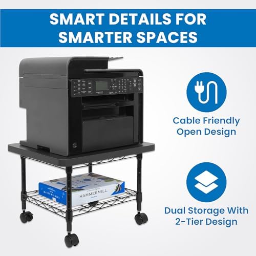 Mount-It! Under Desk Printer Stand with Wheels | Mobile Printer and Fax Cart with Storage Shelf for Office and Home Use, 2 Tiers (Black) - Image 5