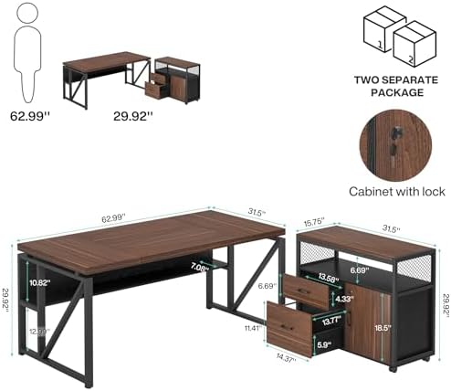 Tribesigns 63" Executive Deskwith Drawer Cabinet, L Shaped Desk and lateral File Cabinet, 2 Piece Home Office Furniture Set with Drawers for Hanging, Doors with Locks - Image 2