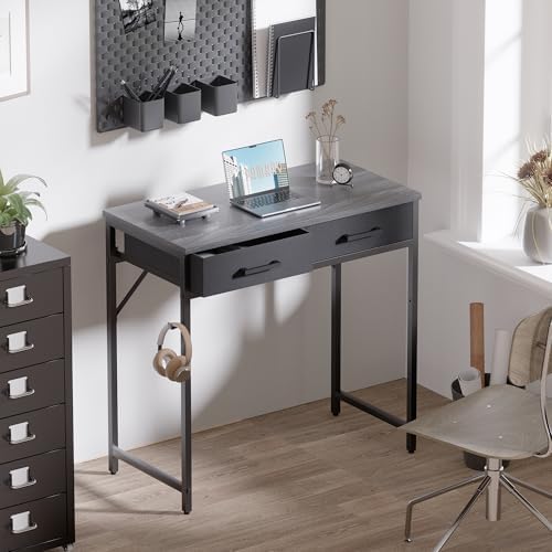 Pamray 32 Inch Small Computer Desk with 2 Drawers for Bedroom Study Writing Home Office Table for Small Spaces Grey - Image 2