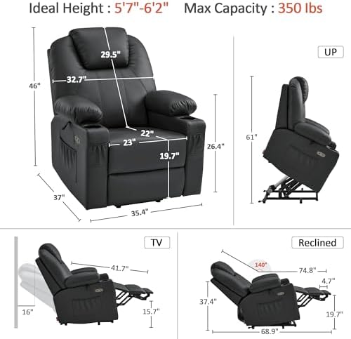 MCombo Large Power Lift Recliner Chair with Massage and Heat for Tall Elderly People, 3 Positions, Cup Holders, and USB Ports, Faux Leather 7516 (Large, Black) - Image 3