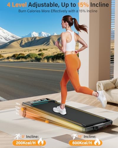 Treadmill Walking Pad with 15% Incline/Handle Bar/2 LED Display, 3.5HP Portable Treadmills for Home Small, Foldable Walking Pad Treadmill 350+lb Capacity, Smart App, 4 Adjustable Incline, RGB Light - Image 2