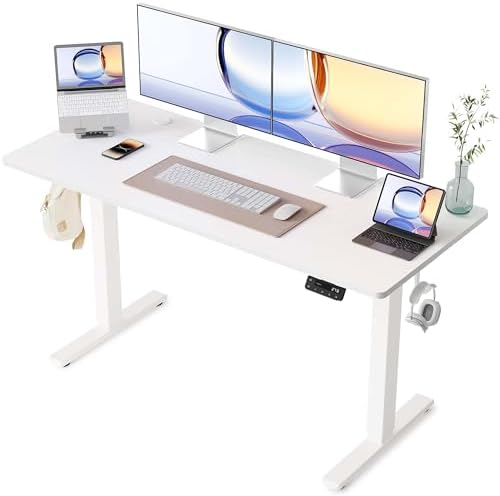 YIHAYO Electric Standing Desk, 55 x 24 Inches Stand Up Desk with Splice Board, Adjustable Height Desk, Computer Desk for Home Office, White Frame/White Top by YIHAYO