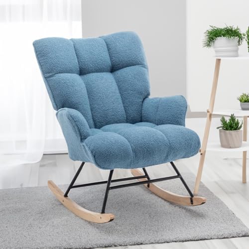 SAETSFEG Rocking Chair Nursery Teddy Upholstered Glider Rocker Rocking Accent Chair Padded Seat with High Backrest Armchair Comfy Side Chair for Living Room Bedroom Offices (LightBlue Teddy) by SAETSFEG