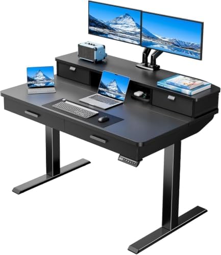 HUANUO 48 x 30 inch Electric Standing Desk with 2 Wood Drawers, Adjustable Height Sit Stand Desk for Home Office, Ergonomic Stand up Desk with 4 Memory Presets, 176 lbs Capacity, Black Top by HUANUO