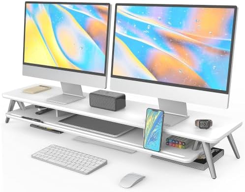 Fenge Dual Monitor Stand Riser, Wooden Desk Shelf with 2-Tier Storage by Fenge