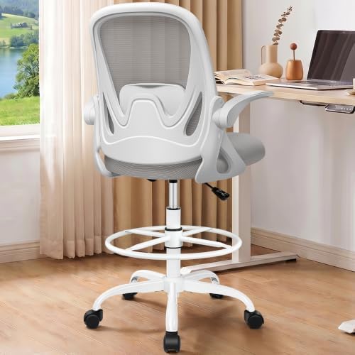Drafting Chair Tall Office Chair with Flip-up Armrests, Adjustable Height, and Enhanced Lumbar Support - Ergonomic Rolling Stool, Back Support, and Adjustable Foot Rest Ring for Standing Desk Gray - Image 2