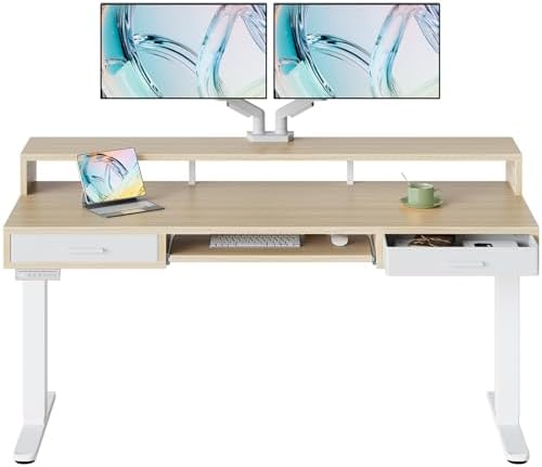 HUANUO 63″ x 26″ Electric Standing Desk with 2 Drawers &24.4″ Large Keyboard Tray, C-Clamp Mount Compatible, Adjustable Computer Desk for Office, Sit Stand Up Desk with 4 Height Presets, Light Walnut by HUANUO