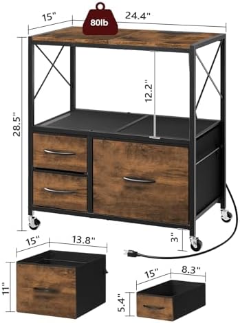 MAHANCRIS File Cabinet with Charging Station, 3 Drawer Lateral Filing Cabinet for Home Office, Mobile Printer Stand with Open Shelf, Fits A4/Letter Size File, Nonwovens Drawer, Rustic Brown FCHR98E01 - Image 3