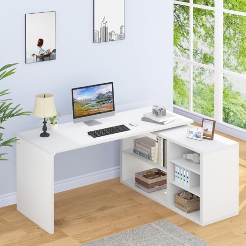 HSH White L Shaped Desk with Storage, Home Office Desk for Work, 55 Inch by HOMESWEETHOME