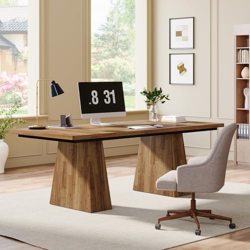 Tribesigns 63-Inch Executive Desk, Large Office Computer Desk with Double Pedestal, Modern Simple Workstations Writing Table Conference Table Business Furniture for Home Office, Light Brown - Image 4