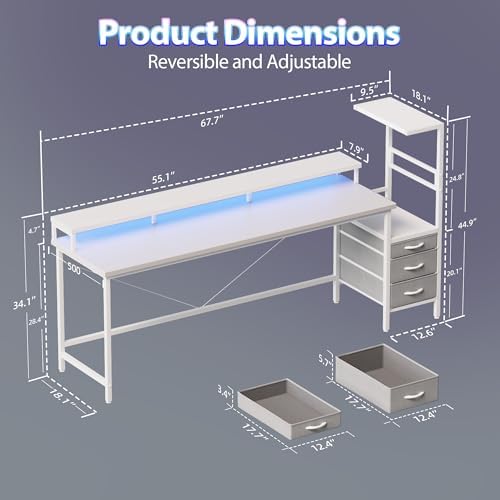 Mericonia 68 inch Gaming Desk with Drawers, Reversible Computer Desk, White - Image 2