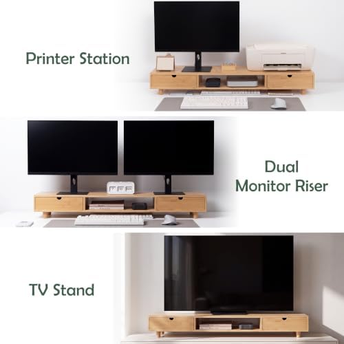 Bamboo Dual Monitor Stand, Natural Desk Shelf with 2 Drawers - Image 4