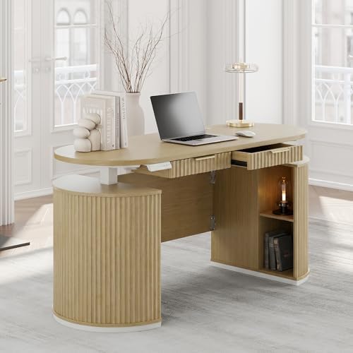 Electric Standing Desk with Storage Drawers, 63'' Executive Height Adjustable Desk with Privacy Panel and Shelves, Wood Fluted Computer Desk for Home Office, Light Walnut by Perledesign%E2%80%93WorkinStyle
