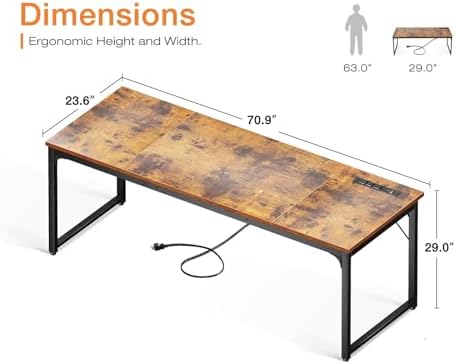 Coleshome 71 Inch Computer Desk with USB Ports, Large Office Desk, Long Study Student Writing Desk, Rustic Brown - Image 3