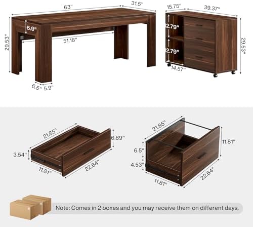 Tribesigns 63" L Shaped Desk with File Cabinet, Large Executive Office Desk with Rolling Filing Cabinet, Long Computer Table with Drawers and Shelves, Business Furniture Set for Home Office, Walnut - Image 2