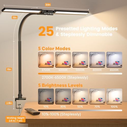SIBRILLE Upgraded LED Desk Lamp for Home Office with RGB, Rotatable Computer Desk Light with Remote, Tall Table Lamp with Clamp for Working, Dimmable Dual Head Task Lighting for Monitor PC, 22W - Image 3