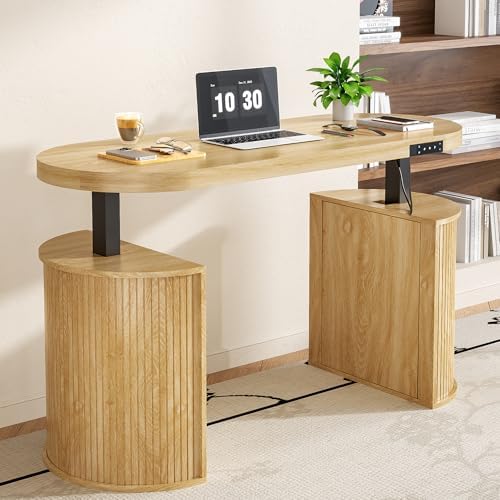Mid Century Modern Electric Standing Desk with Storage, 55 x 22 Inch Small Sit Stand Up Desk, Wood Adjustable Height Computer Executive Desk for Home Office, Laptop, Oak - Image 3