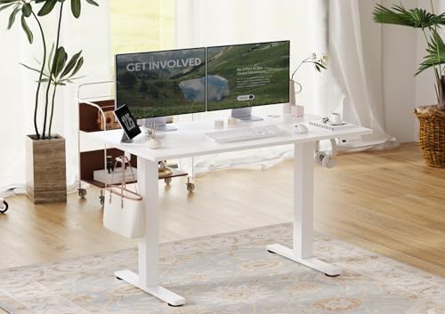 Seang Electric Standing Desk Adjustable Height, 55 x 24 Inch Sit Stand Desk with T-Shaped Frame, 3 Memory Presets & Cable Management for Home Office Computer Workstation, White Frame/White Top - Image 2