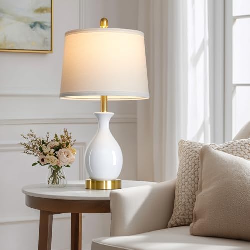 24" White Ceramic Table Lamps Set of 2 for Bedroom, Modern Classic Bedside Lamps for Nightstand, Small Table Lamp for Living Room Side Table (2 LED Bulbs Included) - Image 4