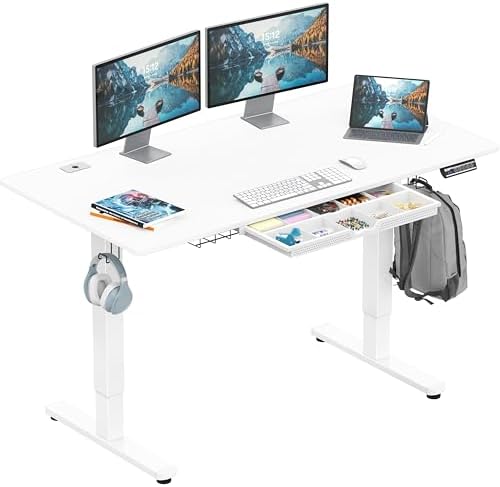 SHW 55 x 28 Electric Height Adjustable Standing Desk w/Drawer, White by SHW