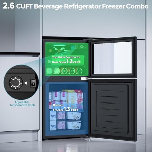 COWSAR 2.6 Cu.Ft Beverage Refrigerator & Mini Fridge with Freezer - Glass Door, Reversible Design, Adjustable Thermostat for Dorm, Office, Bedroom - Image 6