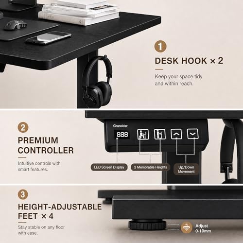 Grandder 55x32 Large Electric Standing Desk, Height Adjustable Computer Desk with 2 Memory Presets, 31.5" Deep Desktop Sit Stand Desk Home Office Desk Workstation Table with Hooks, Black - Image 6