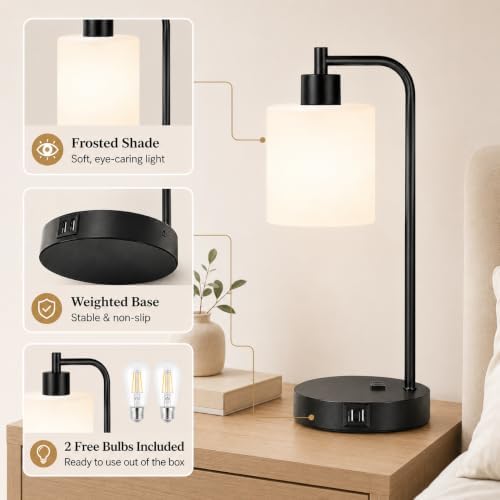 Set of 2 Industrial Touch Control Table Lamps with 2 USB Ports and AC Outlet - 3-Way Dimmable Black Bedside Lamp Nightstand Desk Lamps for Bedroom Living Room, Opal Glass Shade & 2 LED Bulbs Included - Image 6