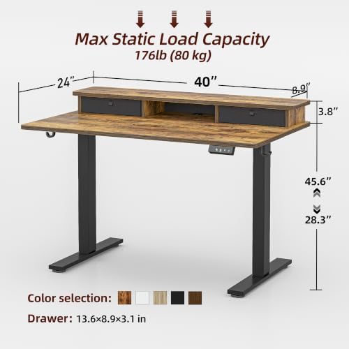 TIQLAB 40 * 24 inch Standing Desk with Two Drawers&Top Shelf, Rustic Brown - Image 3