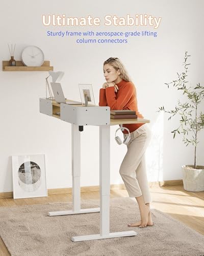 YIHAYO Electric Standing Desk with Drawers, 60 x 24 Inches Adjustable Desk with Storage Shelf, Computer Table with Splice Board for Home Office, White Frame/Natural Top - Image 4
