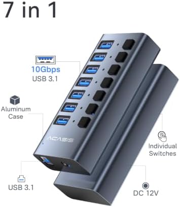 ACASIS Powered 7 Ports USB 3.2 Hub, 10Gbps Data Transfer, 24W Adapter - Image 2