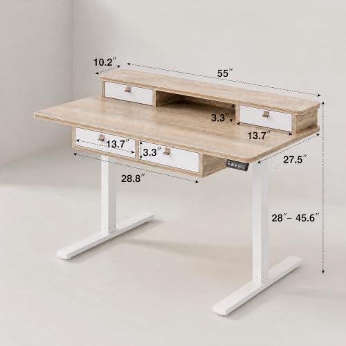 Grandder Electric Standing Desk with Four Drawers, Sit to Stand Up Height Adjustable Desk with Storage Shelf for Home Office, 55 * 28 Inch, Study, Ergonomic Adjustable Computer Desk, Maple - Image 2