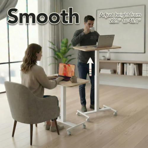 HUANUO Small Rolling Laptop Standing Desk, Height Adjustable Mobile T-Base Desk with Lockable Casters, Portable Sit-Stand Workstation for Bedside & Sofa, Light Walunt - Image 3