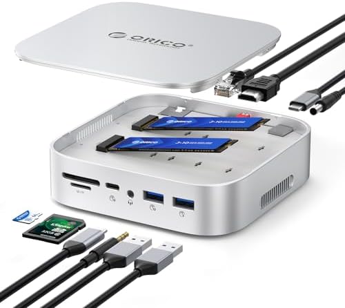 ORICO MiniRaid, Mac mini M4 Dock with Dual-Bay M.2 NVMe/SATA SSD Enclosure for Mac mini M4 Pro, Raid 0/1/PM, USB C HUB with HDMI 4K@60Hz, 10Gbps/5Gbps USB, RJ45, SD/TF, PD 60W for Creator by ORICO