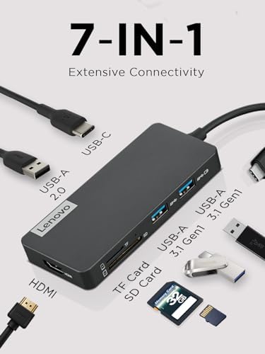 Lenovo – USB-C 7-in-1 Hub – Computer Networking Laptop Accessory – Laptop Docking Station - 4K via HDMI, 3 USB-A devices, 2 SD/TF Card Readers USB-C Power Pass Through - Image 2