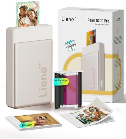 Liene Pearl N200 Pro Portable Photo Printer, Instant Mini Picture Printer for iPhone Smartphone, Thermal Dye Sublimation, Bluetooth Sticker Printer 10 Sheets 2x3 Adhesive Paper & 1 Cartridge, Gold by Liene