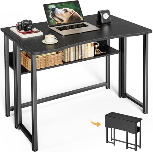 Huuger Folding Desk with Storage Shelf, 31.5 Inch Foldable Computer Table by Huuger
