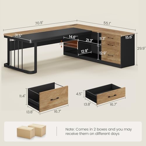 UPOSOJA 71" Executive Desk, Large Office Desk with Drawers & Storage Shelves, Modern L Shaped Computer Desk Corner Desk with Power Outlets, File Cabinet, Business Furniture Desk Workstation (Oak) - Image 2