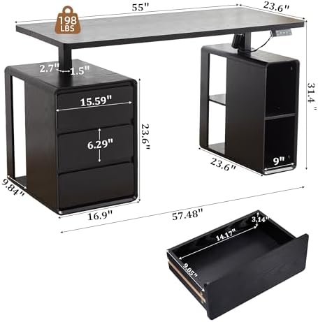 Electric Standing Desk with Drawers, 55" Office Desk Height Adjustable Executive Desk with Storage Shelves, Simple Setup Wood Desk Home Office Stand up Desk for Work, Study, Writing, Black - Image 2
