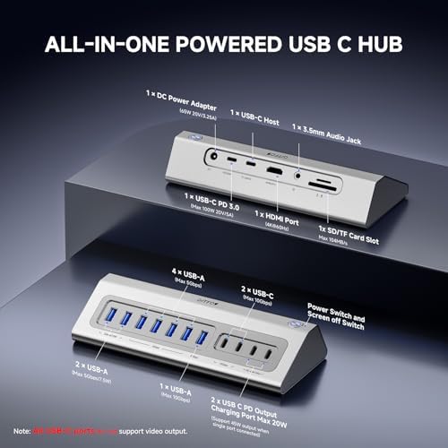 Gitfos Powered USB Hub, 18 in 1 USB C Hub with 4K HDMI, 10Gbps, PD 100W - Image 2