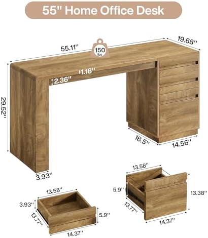 Tribesigns 55-Inch Computer Desk with 3 Drawers, Farmhouse Home Office Desk with Adjustable File Cabinet, Study Table Office Workstation, Walnut Brown - Image 2