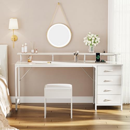 Huuger 63 Inch Computer Desk with Power Outlets and LED Lights, Gaming Desk with 4 Drawers, Office Desk with Monitor Stand, Study Work Desk for Home Office, White - Image 2